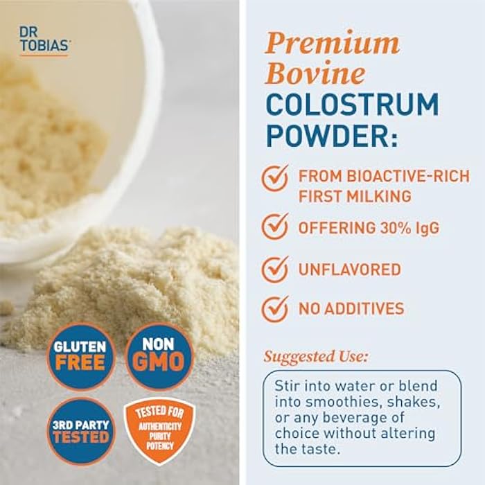 Dr. Tobias Colostrum Powder, Premium Bovine Colostrum Supplement for Immune Support, Gut Health & Muscle Recovery, 3g Per Serving, Minimum 30% IgG, Unflavored, 8 oz, 76 Servings - Image 3