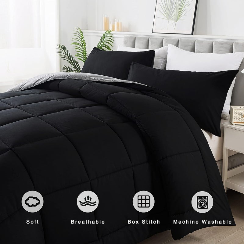 DOWNCOOL Full Size Comforter Sets -All Season Bedding Comforters Sets with 2 Pillow Cases -3 Pieces Bed Set Down Alternative Comforter Set -Black/Grey Bedding Sets Full(82"x86") - Image 3