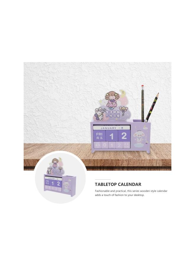 Wooden Desk Blocks Calendar with Pen Holder Purple Daily Perpetual Desktop Calendar Wood Cubes Calendar Living Room Decorations DIY Yearly Planner - Image 3