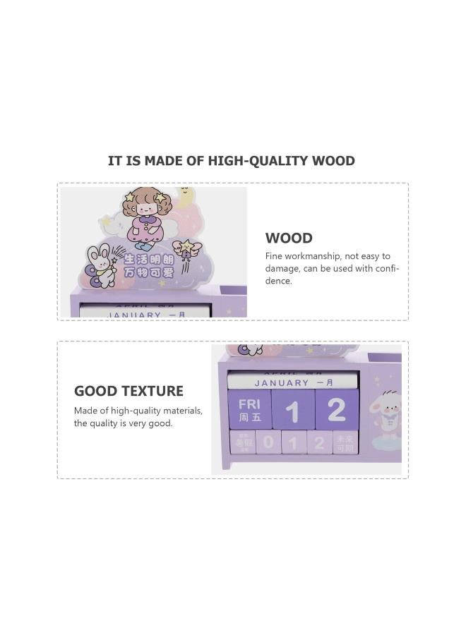Wooden Desk Blocks Calendar with Pen Holder Purple Daily Perpetual Desktop Calendar Wood Cubes Calendar Living Room Decorations DIY Yearly Planner - Image 4