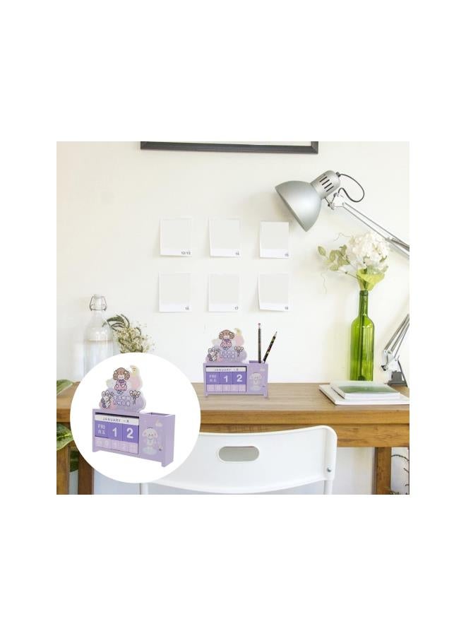 Wooden Desk Blocks Calendar with Pen Holder Purple Daily Perpetual Desktop Calendar Wood Cubes Calendar Living Room Decorations DIY Yearly Planner - Image 1