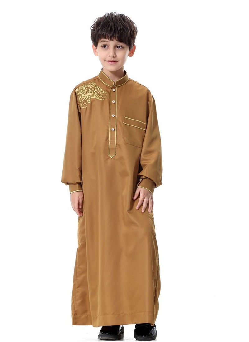 Loquat - Boys Jacquard Stand Collar Long Sleeve Abaya Robe Islamic Arabic Kaftan Camel Color - Image 1