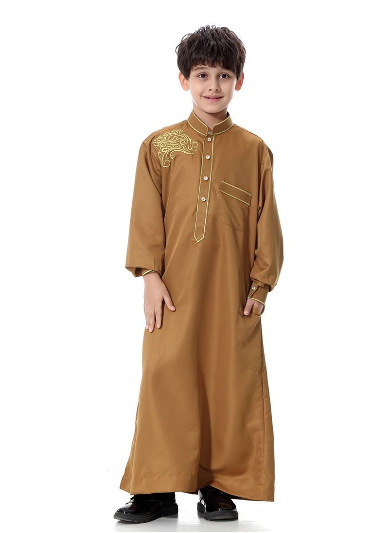 Loquat - Boys Jacquard Stand Collar Long Sleeve Abaya Robe Islamic Arabic Kaftan Camel Color - Image 1