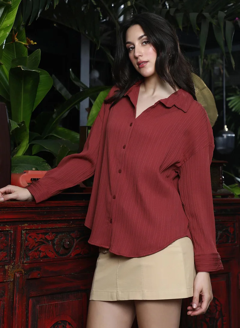 Pinacolada  Women's Rose Red Pin-Tactile Oversized Shirt for Women | Best Price UAE