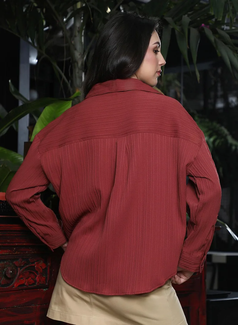 Pinacolada  Women's Rose Red Pin-Tactile Oversized Shirt for Women | Best Price UAE