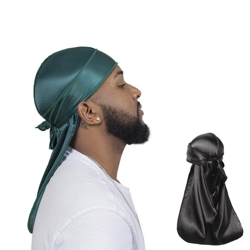 ForceWave 2 Pieces Silky Durag Pack for Men Women Waves, Premium Satin Deluxe Du-rag (Black Green) - Image 1