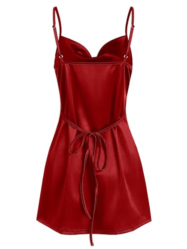 ZAFUL Women's Satin Sleeveless Spaghetti Strap Mini Dress Sexy Slip Cowl Neck Silky Cocktail Party Dresses(Red, XS) - Image 3