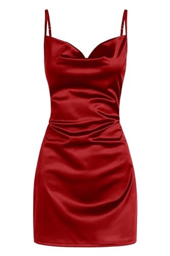ZAFUL Women's Satin Sleeveless Spaghetti Strap Mini Dress Sexy Slip Cowl Neck Silky Cocktail Party Dresses(Red, XS) - Image 1