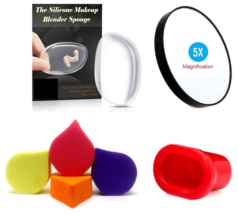 Out of the Box Kelley Pure Silicone Makeup Jelly Liquid Foundation Applicator With Pack Of 4 Imported Make Up Blending Cosmetic Powder Sponge Puff 5x Magnification Makeup Mirror With Suction Cups And Super Sexy Lips Fuller Plumper Natural Enhancer Device (Set of 7) - Image 1