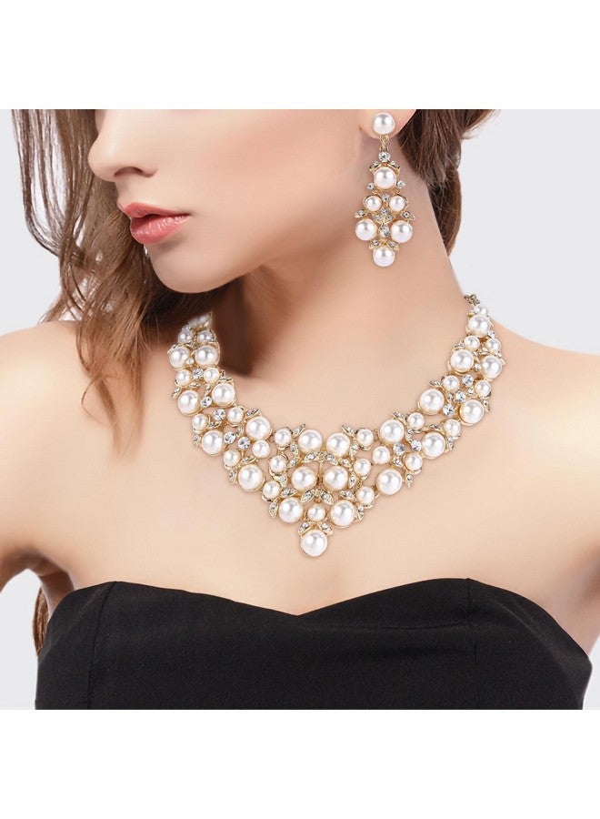 BriLove طقم مجوهرات قلادة أقراط لؤلؤة محاكية للعروس للنساء قلادة بيان مجموعة كريستال وأقراط معلقة لون ذهبي واضح - Image 2