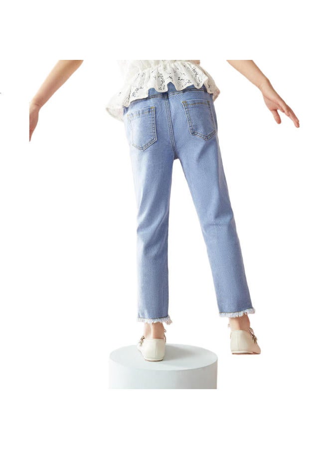 Ask Junior Girls' Pants, Spring Children'S Trousers, Frayed Hem Butterfly Denim Shorts, Nine-Tenths Length, Blue, Size 160 - Image 3