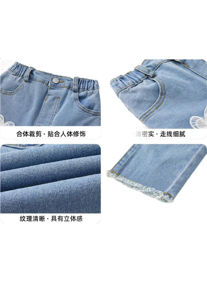 Ask Junior Girls' Pants, Spring Children'S Trousers, Frayed Hem Butterfly Denim Shorts, Nine-Tenths Length, Blue, Size 160 - Image 2