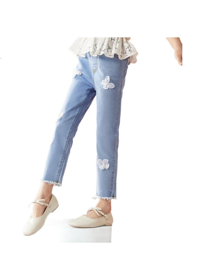 Ask Junior Girls' Pants, Spring Children'S Trousers, Frayed Hem Butterfly Denim Shorts, Nine-Tenths Length, Blue, Size 160 - Image 1