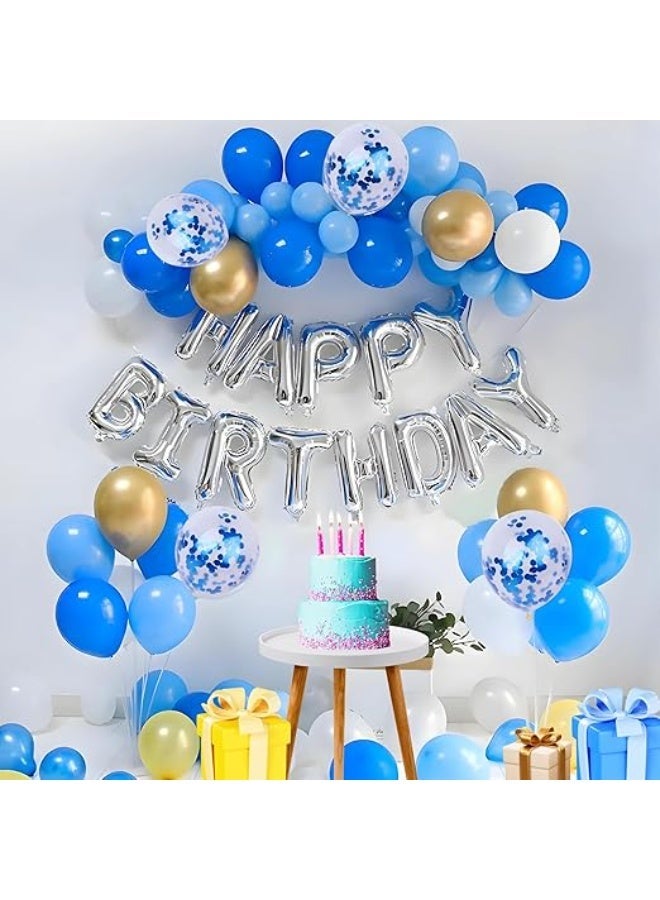 Happy Birthday Decoration Items For Baby Girls & Boys | 54pcs Balloons & 1pc Arch Tape For Home, Room, Office Birthday Party Decoration For Wife, Husband, Son (Golden, White, Blue | Pack of 55) - Image 1