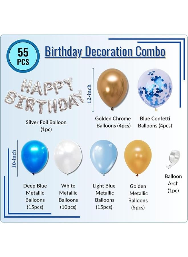 Happy Birthday Decoration Items For Baby Girls & Boys | 54pcs Balloons & 1pc Arch Tape For Home, Room, Office Birthday Party Decoration For Wife, Husband, Son (Golden, White, Blue | Pack of 55) - Image 2