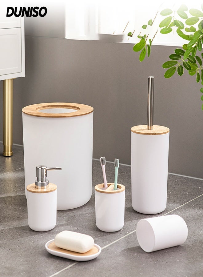 DUNISO 6 Pieces Bathroom Accessories Set , Plastic Bath Set with Trash Can,Toilet Brush,Soap Dispenser,Soap Dish and Lotion Set ,Toothbrush cup, Toothbrush Holder (White) - Image 1