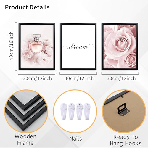 Kalormore 3 Pieces Framed Pink Fashion Canvas Wall Art Pink Rose Flower Picture for Wall Dream Sign Artwork Gift for Girl Woman - Image 3
