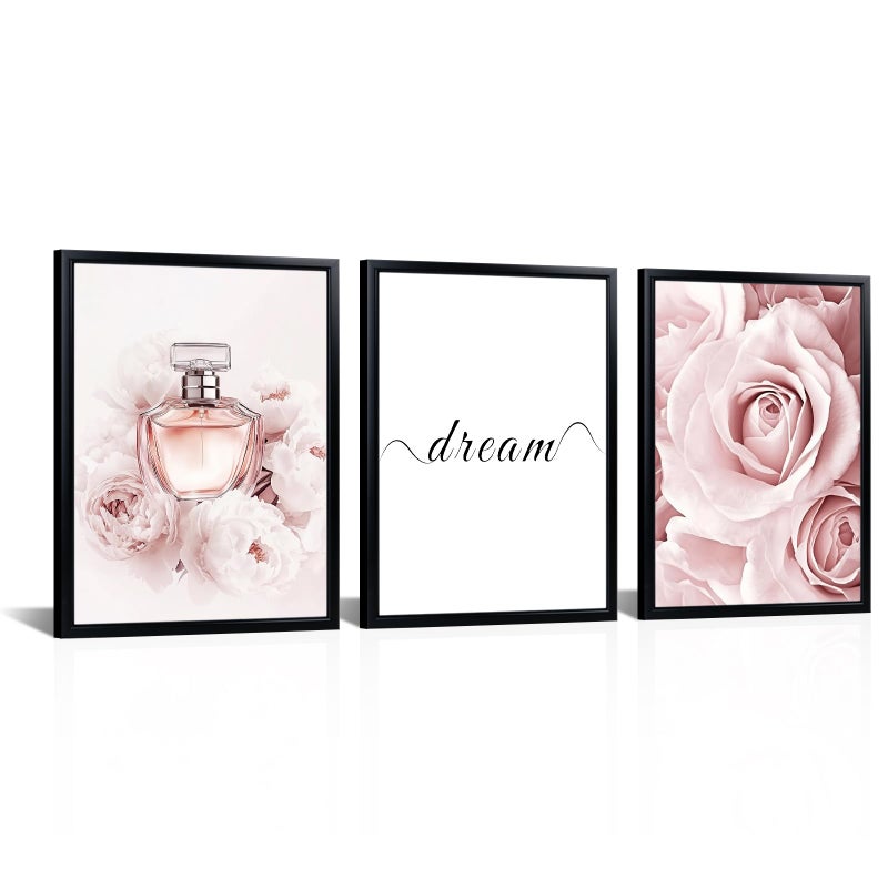 Kalormore 3 Pieces Framed Pink Fashion Canvas Wall Art Pink Rose Flower Picture for Wall Dream Sign Artwork Gift for Girl Woman - Image 2