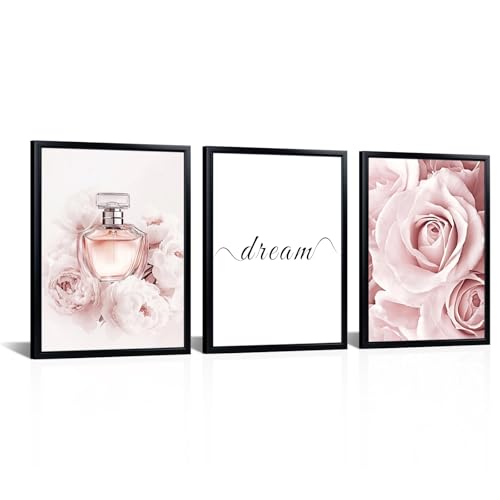 Kalormore 3 Pieces Framed Pink Fashion Canvas Wall Art Pink Rose Flower Picture for Wall Dream Sign Artwork Gift for Girl Woman - Image 1