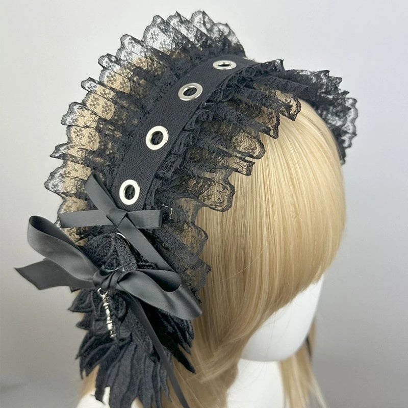 Wide Lace Ruffle Angel Wings Headband Gothic Lolita Cosplay Headwear New White Black Lace Flounce Fold Bowknot Hair Accessories - Image 4