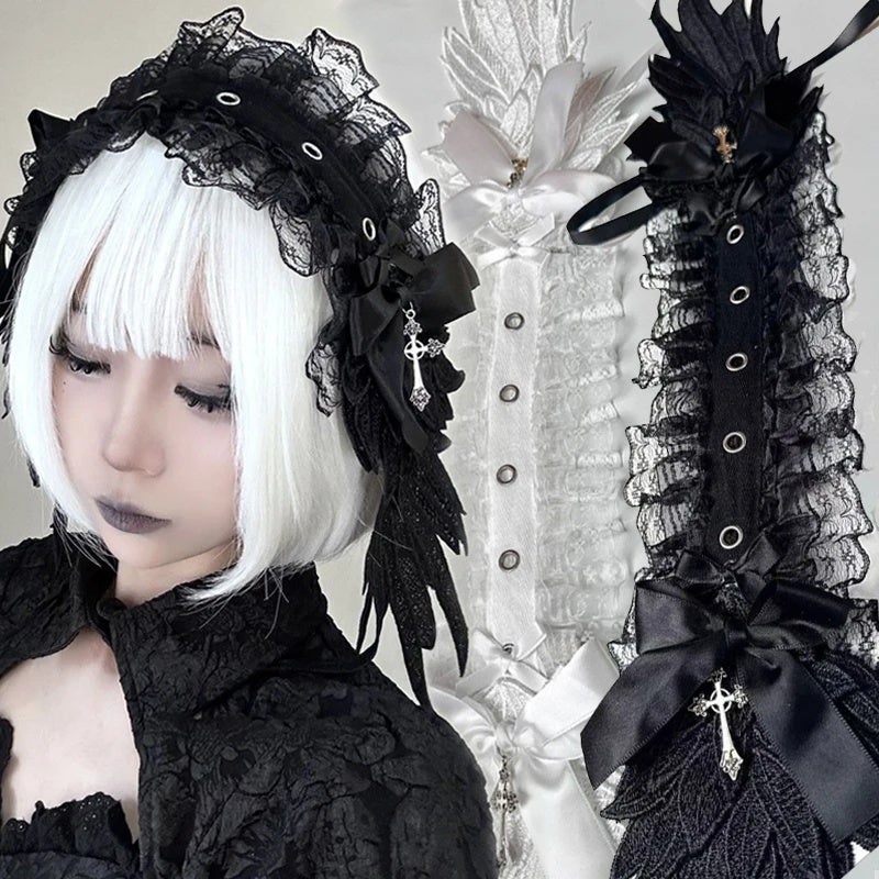 Wide Lace Ruffle Angel Wings Headband Gothic Lolita Cosplay Headwear New White Black Lace Flounce Fold Bowknot Hair Accessories - Image 3