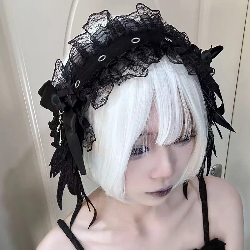 Wide Lace Ruffle Angel Wings Headband Gothic Lolita Cosplay Headwear New White Black Lace Flounce Fold Bowknot Hair Accessories - Image 5