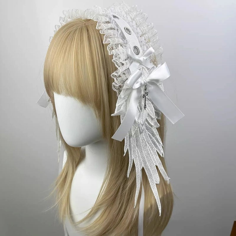 Wide Lace Ruffle Angel Wings Headband Gothic Lolita Cosplay Headwear New White Black Lace Flounce Fold Bowknot Hair Accessories - Image 2