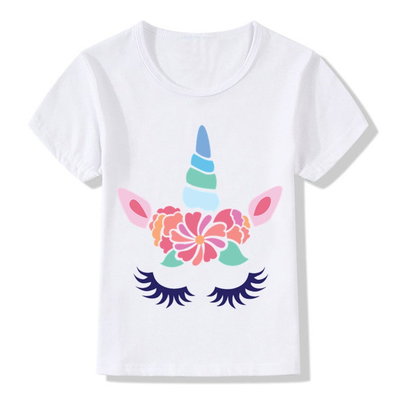 Adult children eyelash ears unicorn horn printed white T-shirt short sleeve women's wish/ - Image 4