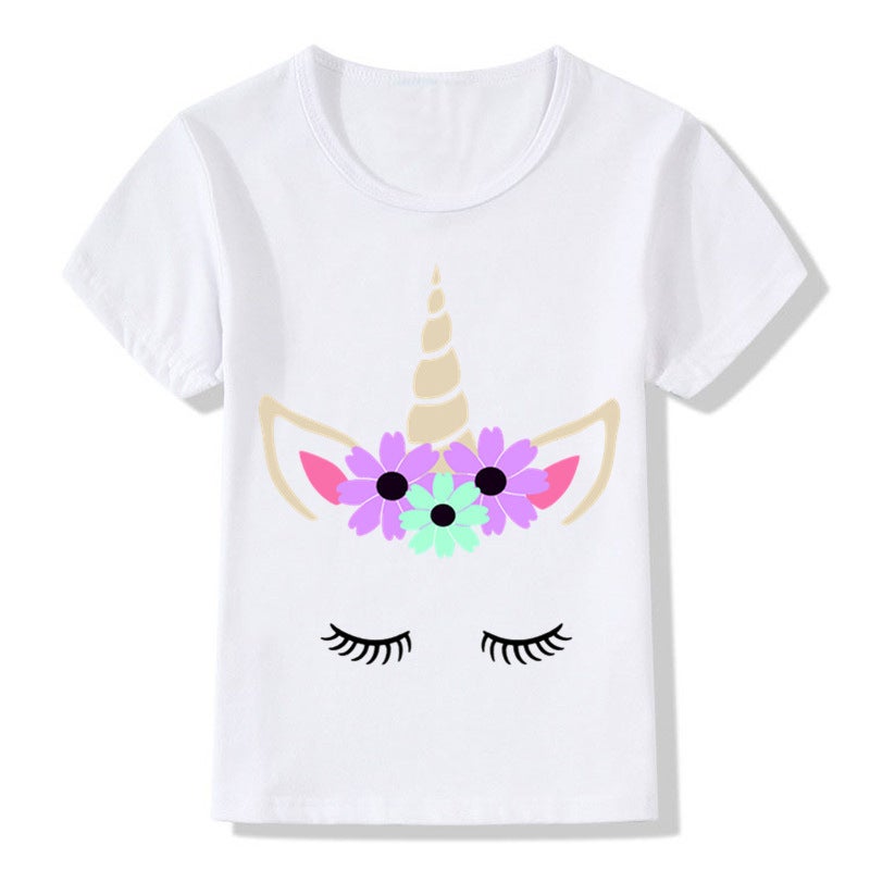 Adult children eyelash ears unicorn horn printed white T-shirt short sleeve women's wish/ - Image 5