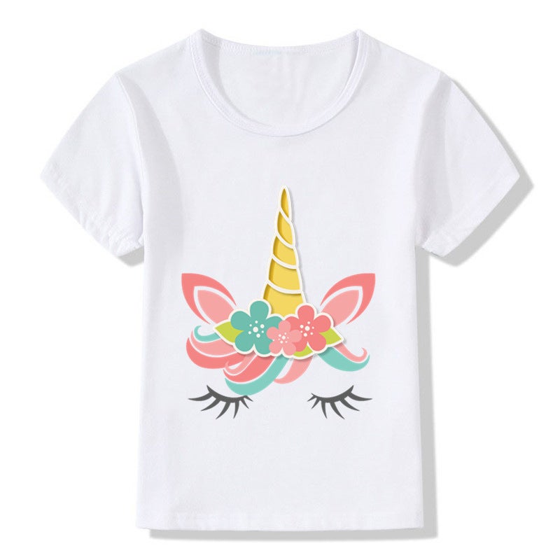Adult children eyelash ears unicorn horn printed white T-shirt short sleeve women's wish/ - Image 1