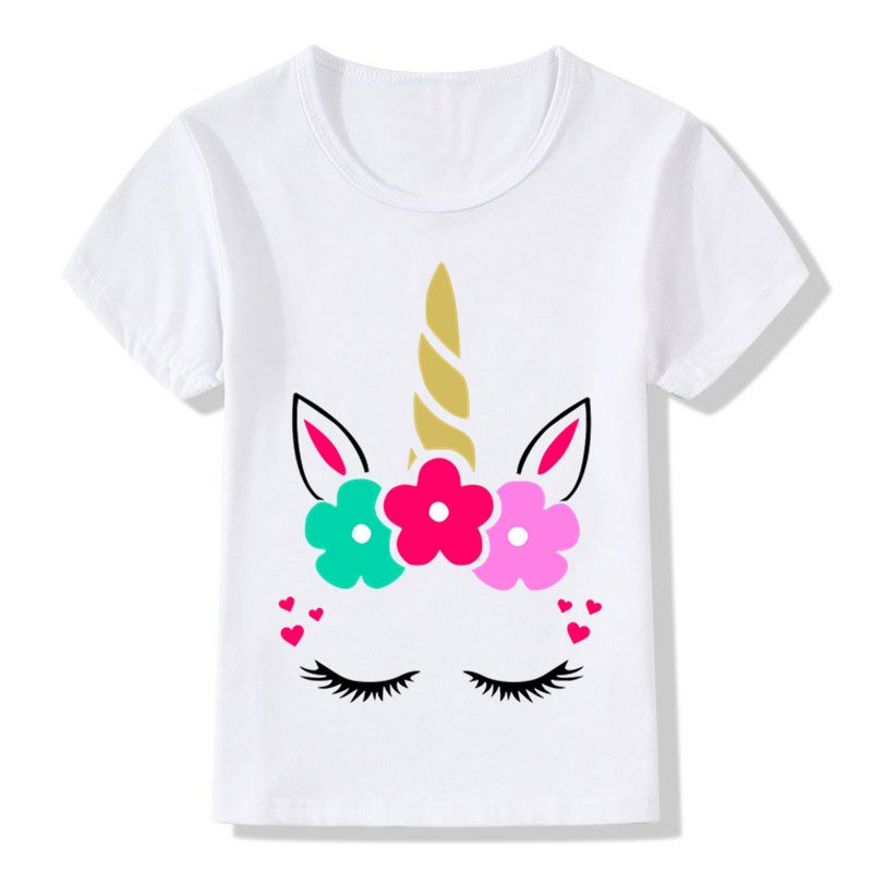 Adult children eyelash ears unicorn horn printed white T-shirt short sleeve women's wish/ - Image 3