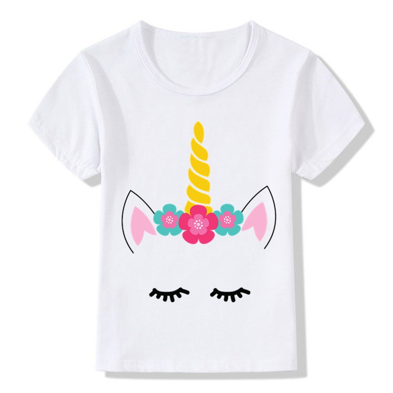 Adult children eyelash ears unicorn horn printed white T-shirt short sleeve women's wish/ - Image 2
