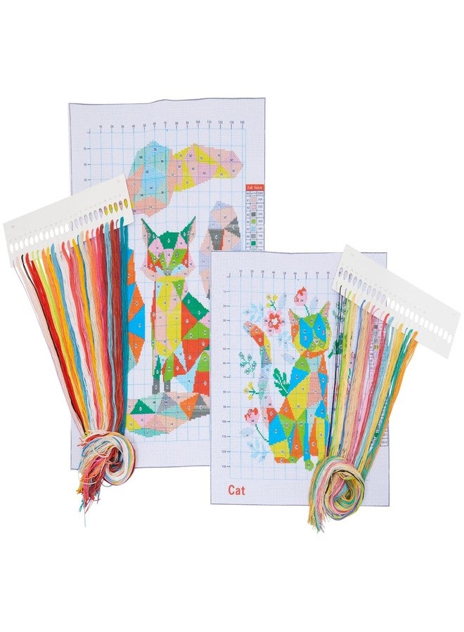 Bright Creations Fox & Cat Cross Stitch Kits - Easy Kit for Beginners - Embroidery Thread & Needles - Pre-Printed Cloth & Cross Stitch Patterns - Pack of 2, 11 Ct Cloth 15.4×21.3 in & 13.8×15 in - Image 1