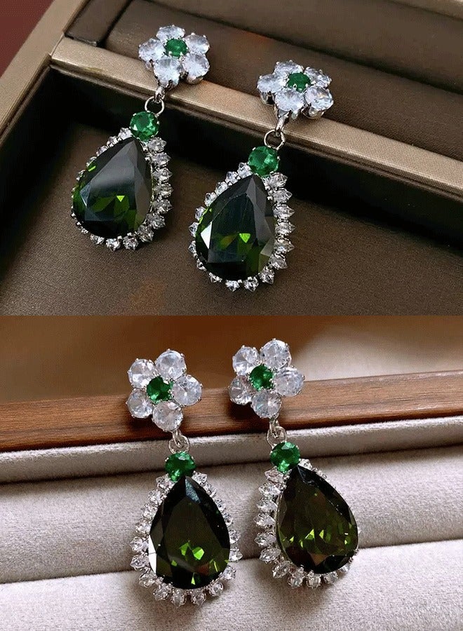 Flower - Topped Teardrop Emerald - Toned Sparkling Drop Earrings | Elegant Luxury Statement Jewelry - Image 1