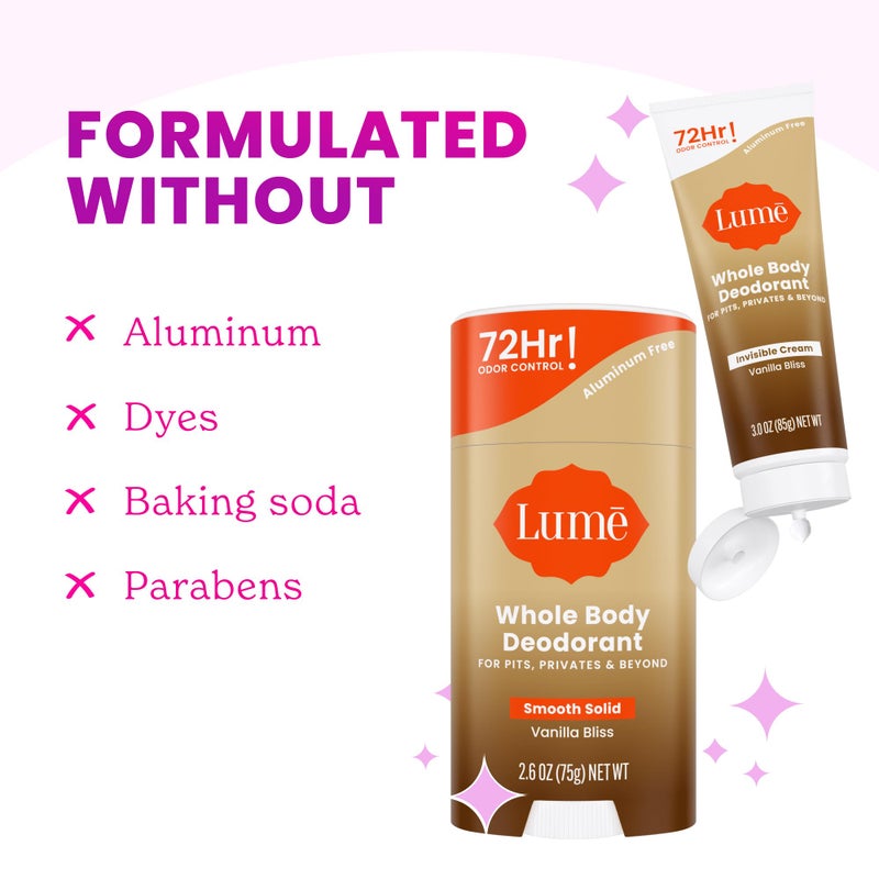 Lume Whole Body Deodorant - Invisible Cream Mini + Solid Stick Bundle - 72 Hour Odor Control - Aluminum & Baking Soda Free, Skin Loving - 0.5 Oz Mini Tube + 2.6 Oz Solid Stick (Vanilla Bliss) - Image 5