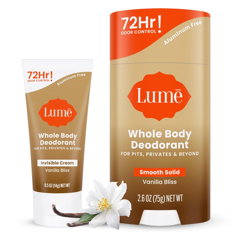 Lume Whole Body Deodorant - Invisible Cream Mini + Solid Stick Bundle - 72 Hour Odor Control - Aluminum & Baking Soda Free, Skin Loving - 0.5 Oz Mini Tube + 2.6 Oz Solid Stick (Vanilla Bliss) - Image 1