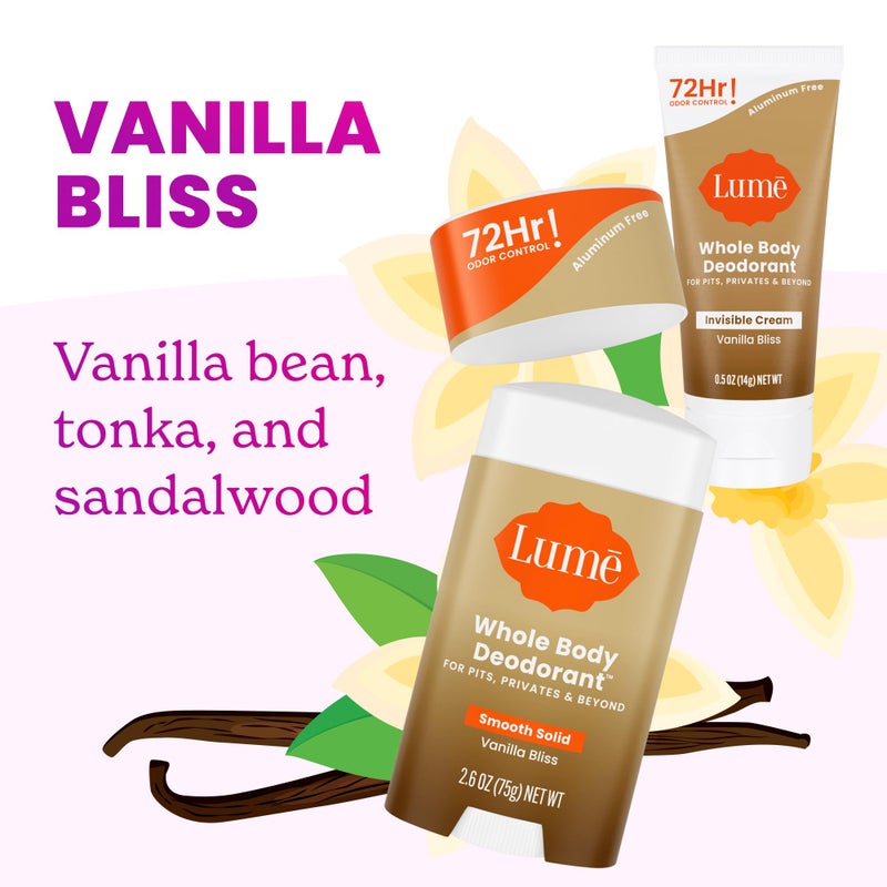 Lume Whole Body Deodorant - Invisible Cream Mini + Solid Stick Bundle - 72 Hour Odor Control - Aluminum & Baking Soda Free, Skin Loving - 0.5 Oz Mini Tube + 2.6 Oz Solid Stick (Vanilla Bliss) - Image 3