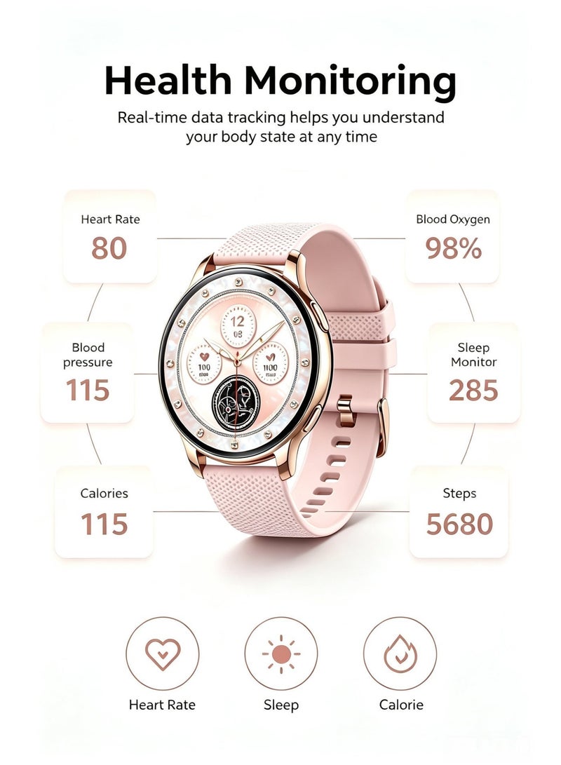 iOsuite Smart Watch with Bluetooth Calling, 1.32” AMOLED HD Display, Heart Rate, Blood Pressure & SpO2 Monitor, Sleep Tracking, Multi-Sport Fitness Tracker, Compatible with Android & iOS – Rose Gold Case with Pink Silicone Strap (Y111) - Image 4