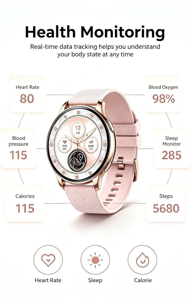 iOsuite Smart Watch with Bluetooth Calling, 1.32” AMOLED HD Display, Heart Rate, Blood Pressure & SpO2 Monitor, Sleep Tracking, Multi-Sport Fitness Tracker, Compatible with Android & iOS – Rose Gold Case with Pink Silicone Strap (Y111) - Image 4