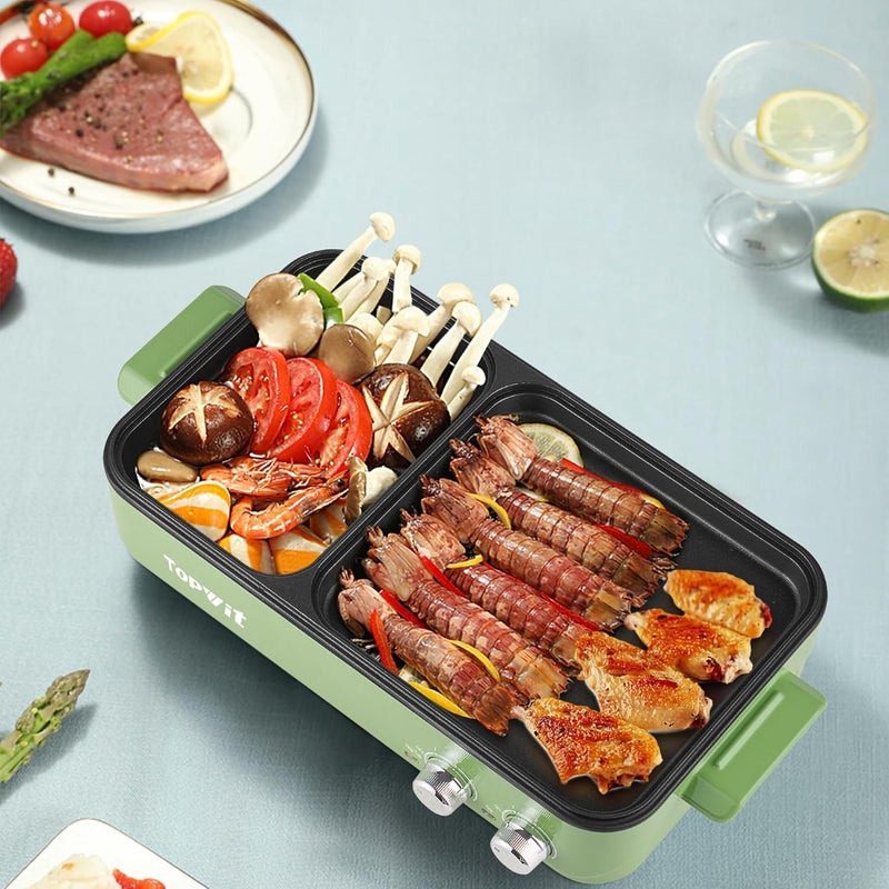 TopWit Hot Pot Electric with Grill, 2 in 1 Indoor Non-Stick Electric Pot and Griddle for Korean BBQ, Steaks, Shabu Shabu and Noodles, Independent Dual Temperature Control, Fast Heating, Green - Image 5