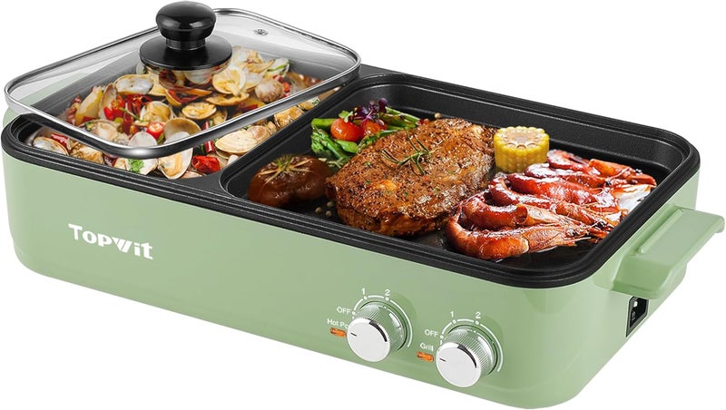 TopWit Hot Pot Electric with Grill, 2 in 1 Indoor Non-Stick Electric Pot and Griddle for Korean BBQ, Steaks, Shabu Shabu and Noodles, Independent Dual Temperature Control, Fast Heating, Green - Image 1