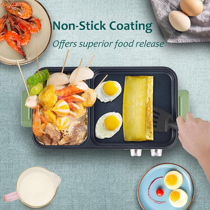 TopWit Hot Pot Electric with Grill, 2 in 1 Indoor Non-Stick Electric Pot and Griddle for Korean BBQ, Steaks, Shabu Shabu and Noodles, Independent Dual Temperature Control, Fast Heating, Green - Image 2