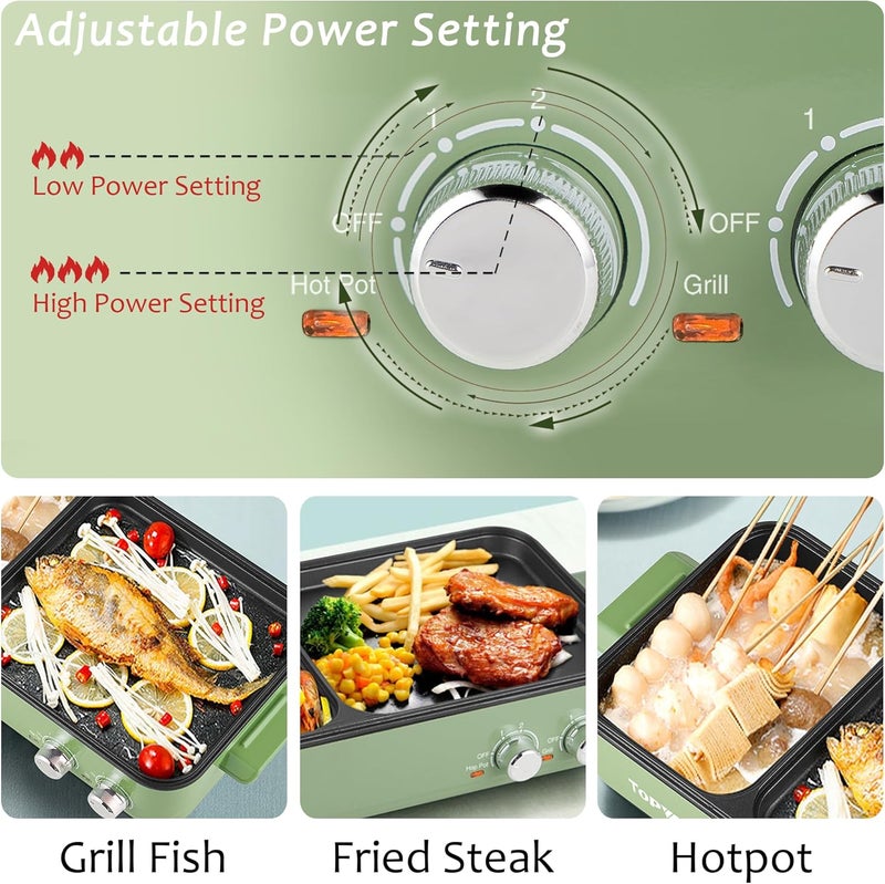 TopWit Hot Pot Electric with Grill, 2 in 1 Indoor Non-Stick Electric Pot and Griddle for Korean BBQ, Steaks, Shabu Shabu and Noodles, Independent Dual Temperature Control, Fast Heating, Green - Image 3