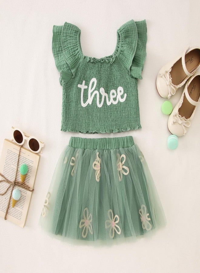 KEKEMI Toddler Girl Birthday Outfits 2nd 3rd 4th 5th 6th 7th Birthday Embroidery Shirt B-Day Tutu Skirt Set Cake Smash Outfit(Green,3T) - Image 4
