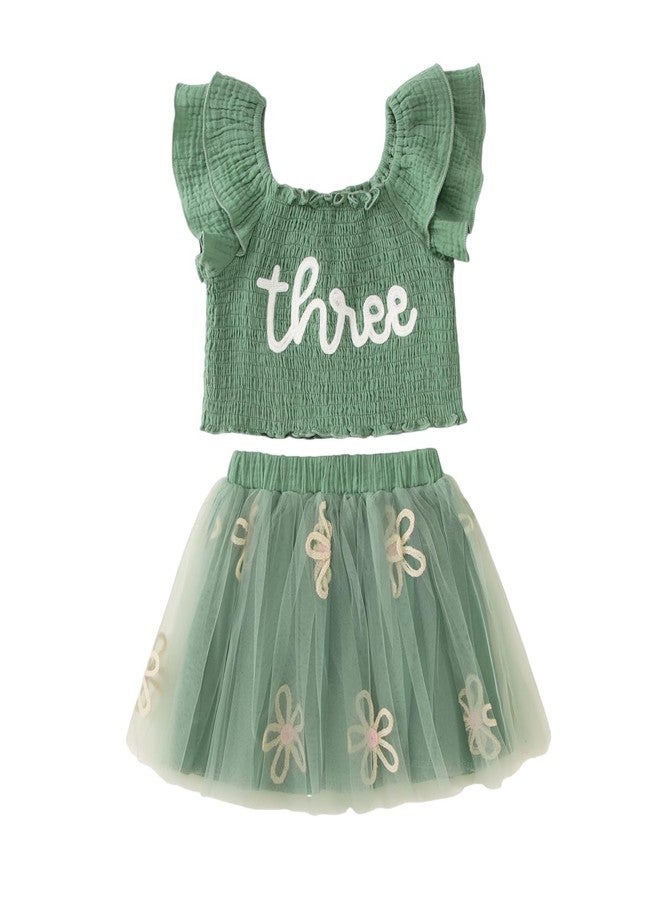 KEKEMI Toddler Girl Birthday Outfits 2nd 3rd 4th 5th 6th 7th Birthday Embroidery Shirt B-Day Tutu Skirt Set Cake Smash Outfit(Green,3T) - Image 1