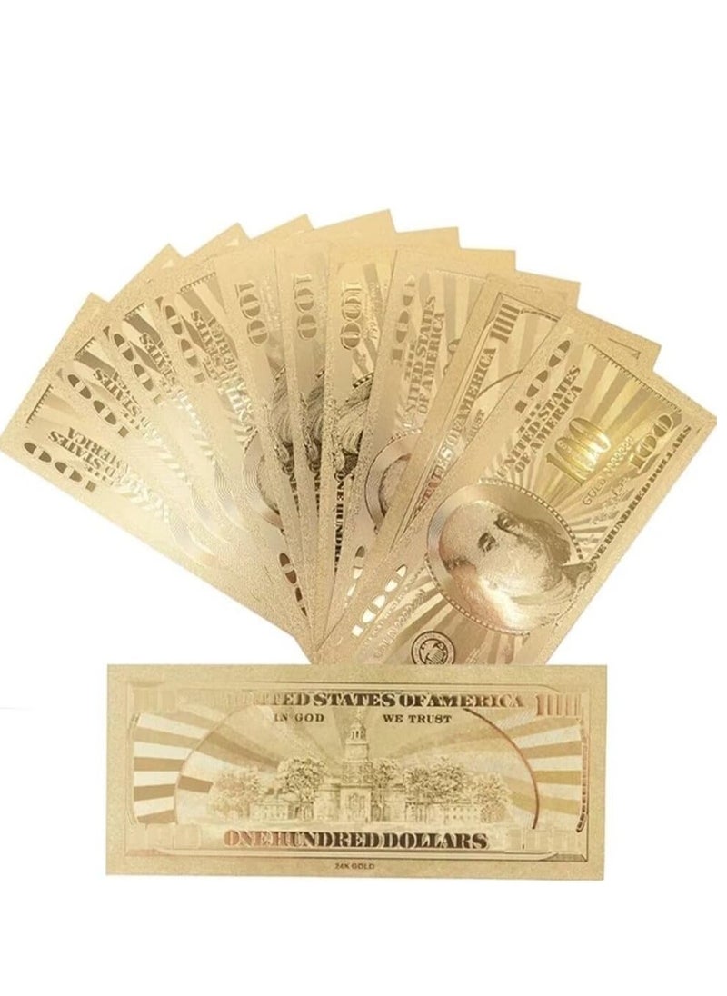 MissTiara - 50 قطعة من الأوراق النقدية الذهبية بقيمة 100 دولار، 24 قيراط من أوراق الذهب لألبوم الأوراق النقدية للحفلات لتزيين المنزل، نقود داعمة طباعة كاملة على الوجهين من الصور المتحركة لأوراق المال بالدولار مداخن أموال واقعية - Image 1