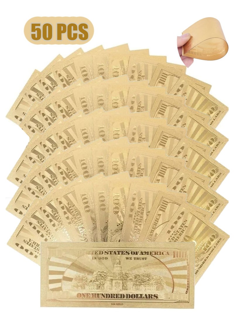 MissTiara - 50 قطعة من الأوراق النقدية الذهبية بقيمة 100 دولار، 24 قيراط من أوراق الذهب لألبوم الأوراق النقدية للحفلات لتزيين المنزل، نقود داعمة طباعة كاملة على الوجهين من الصور المتحركة لأوراق المال بالدولار مداخن أموال واقعية - Image 1