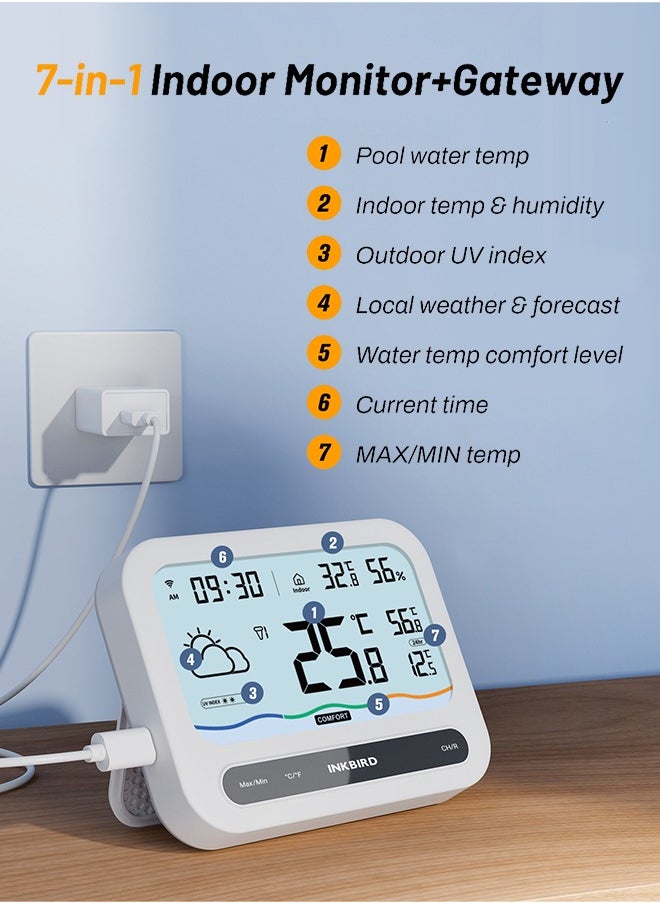 INKBIRD - INKBIRD WiFi Pool Thermometer Set IBS-P03R+IM-03-W, Indoor Outdoor Temperature Humidity Monitor with Weather Info, UV Index, Temperature and Humidity Alarms, ideal for Swimming Pools, Hot Springs, Hot Tubs, Baby Baths, Small Ponds - Image 1