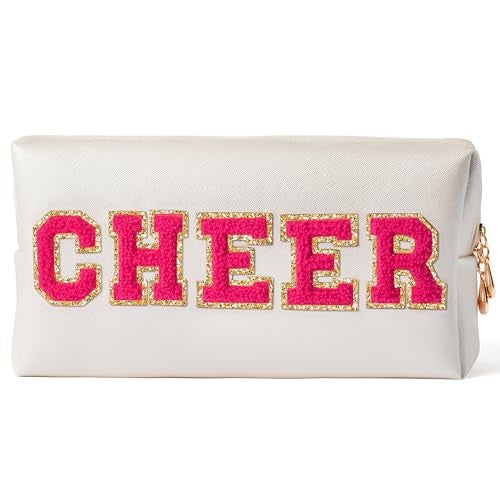 Y1tvei Preppy Patch CHEER Hot Pink Chenille Letter Extra Large Cosmetic Bag PU Leather Waterproof Portable Varsity Cheer Letter Makeup Toiletry Pouch Travel Organizer for Cheerleader Girl (Shell Gold) - Image 1