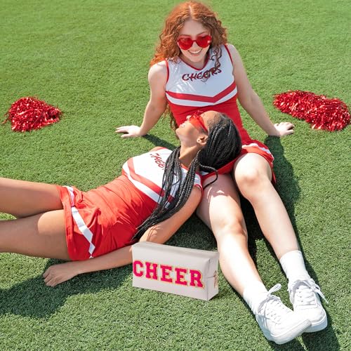 Y1tvei Preppy Patch CHEER Hot Pink Chenille Letter Extra Large Cosmetic Bag PU Leather Waterproof Portable Varsity Cheer Letter Makeup Toiletry Pouch Travel Organizer for Cheerleader Girl (Shell Gold) - Image 5